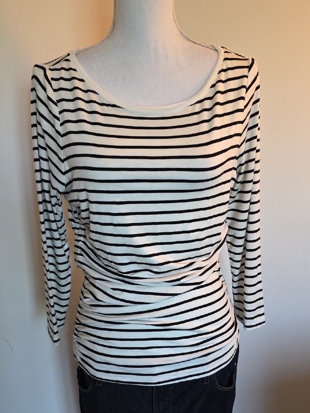 White House Black Market Black and Cream Striped Long-Sleeve Scoop Neck Top